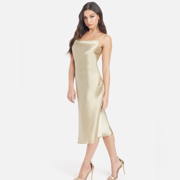 BEBE Gold Satin Cowl Neck Slip Midi Dress Size Large - Picture 4 of 11